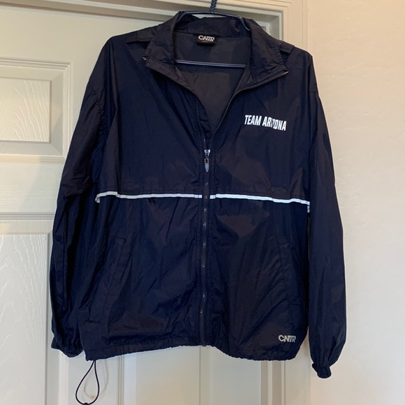 Navy blue hooded windbreaker full zip with zipper pockets. - Picture 1 of 6